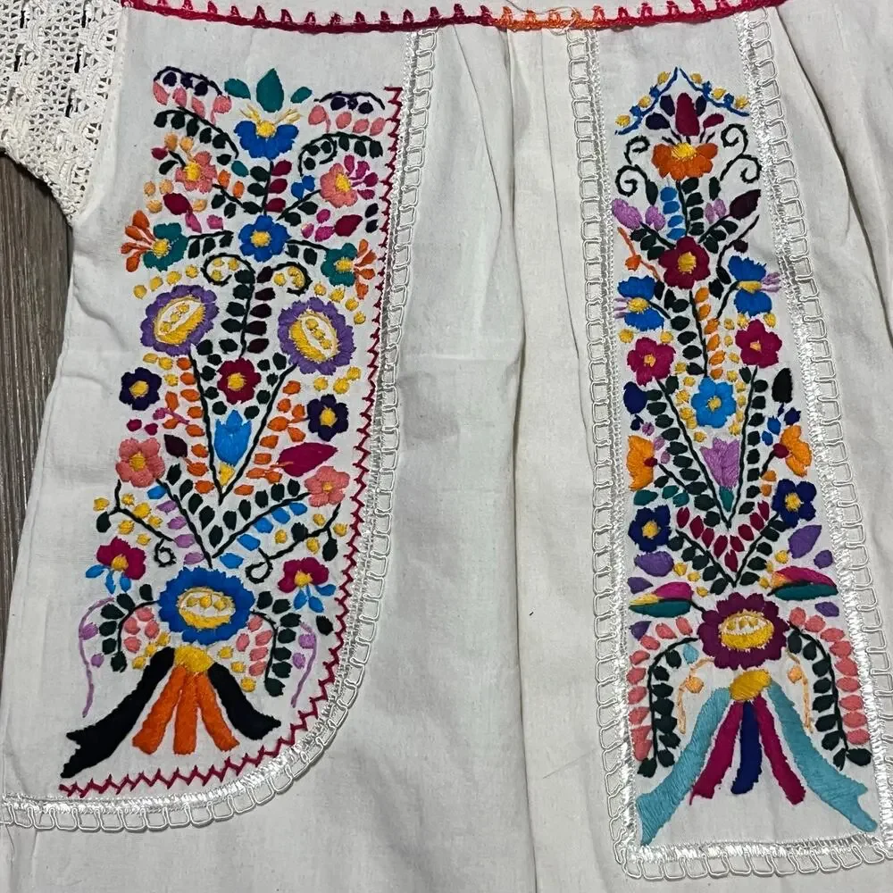 Vtg Artesanias FR Mexican Huipil Hand Embroidered Folk Art Tunic L Boho Festival - Picture 4 of 9